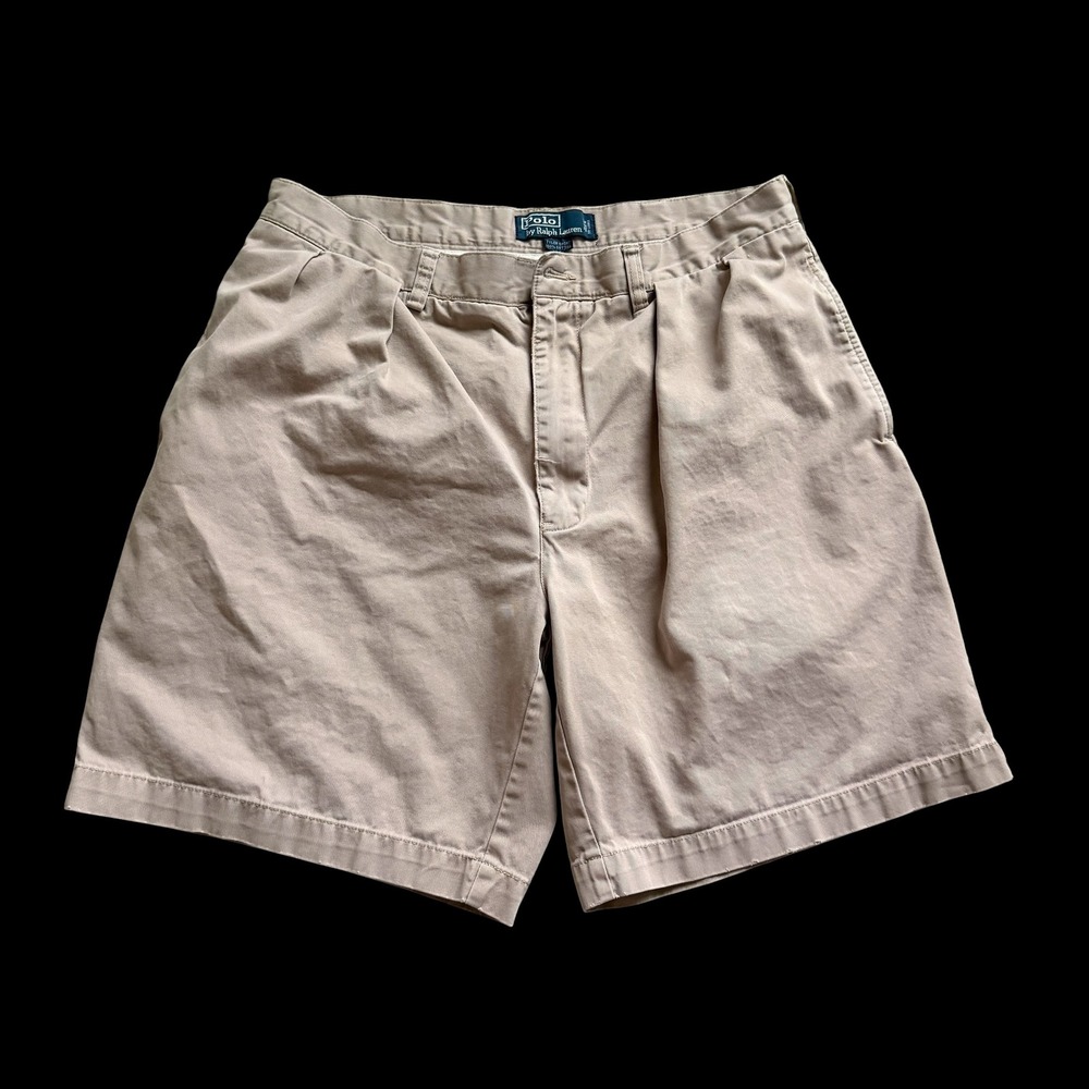 90's Polo Ralph Lauren Tyler Short 36 Khaki Tan Pleated Chino Cotton Twill 8.5"